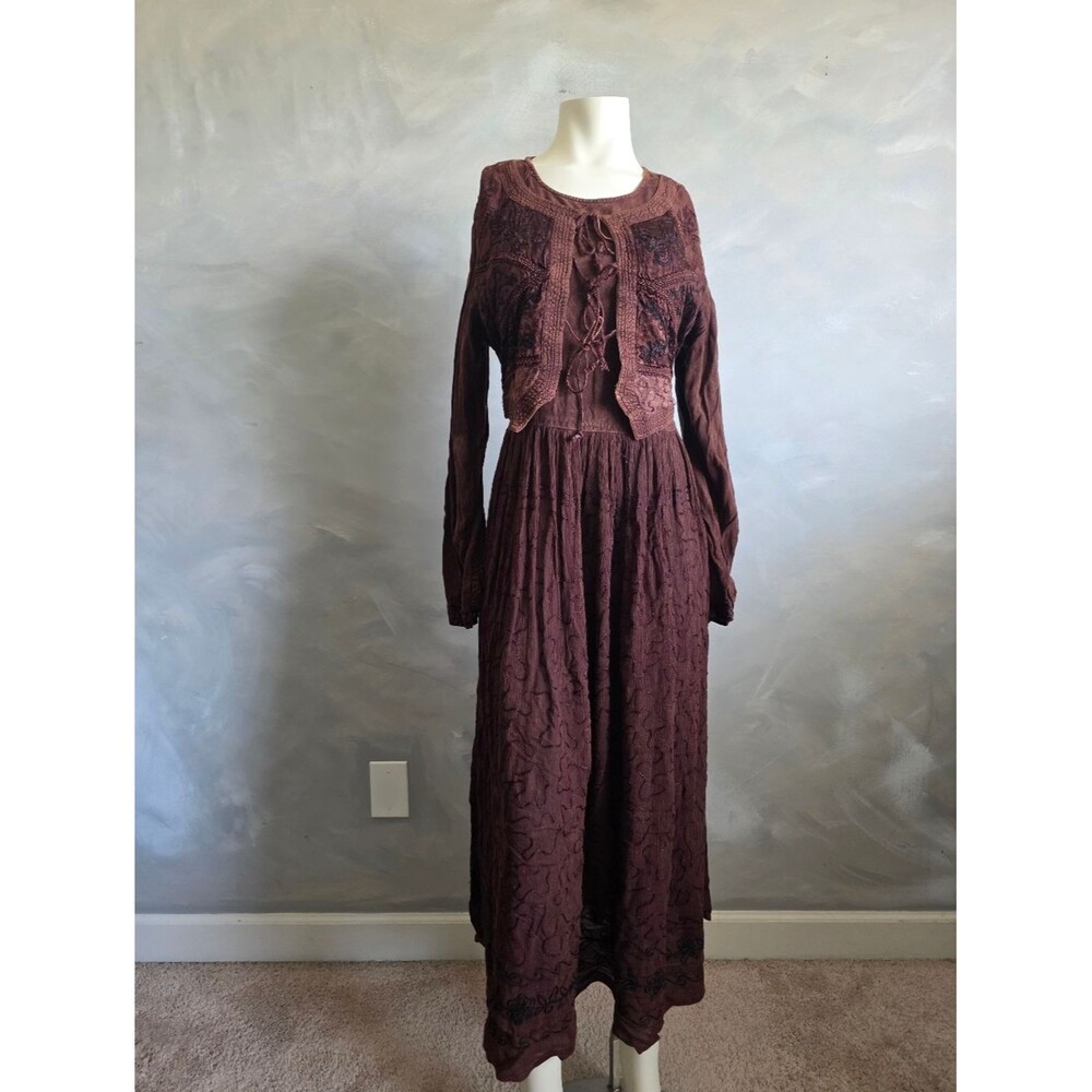 Vtg 100% Rayon Brown Embroidered Short Sleeve Jacket Long Maxi Dress Sz L Goblin